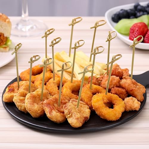 Miniatura 7 de 400 palillos de cóctel, palillos de dientes de 4.7 pulgadas para aperitivos, brochetas de nudo de bambú natural, mini palitos de comida, selecciones