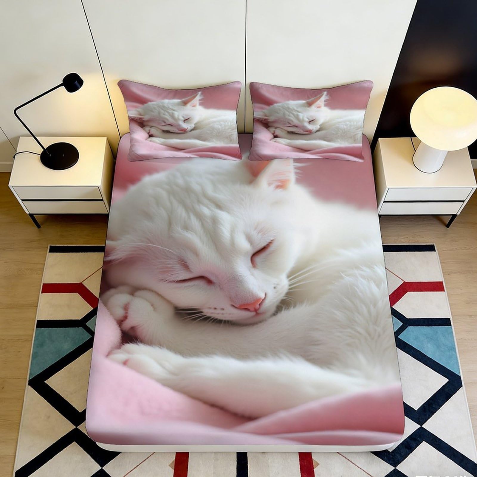3D Printed White Sleeping Cat Fitted Sheet Microfiber Soft Pink Bed Cover for Bedroom Guest Room Mattress Protection Decor 120x200x25cm