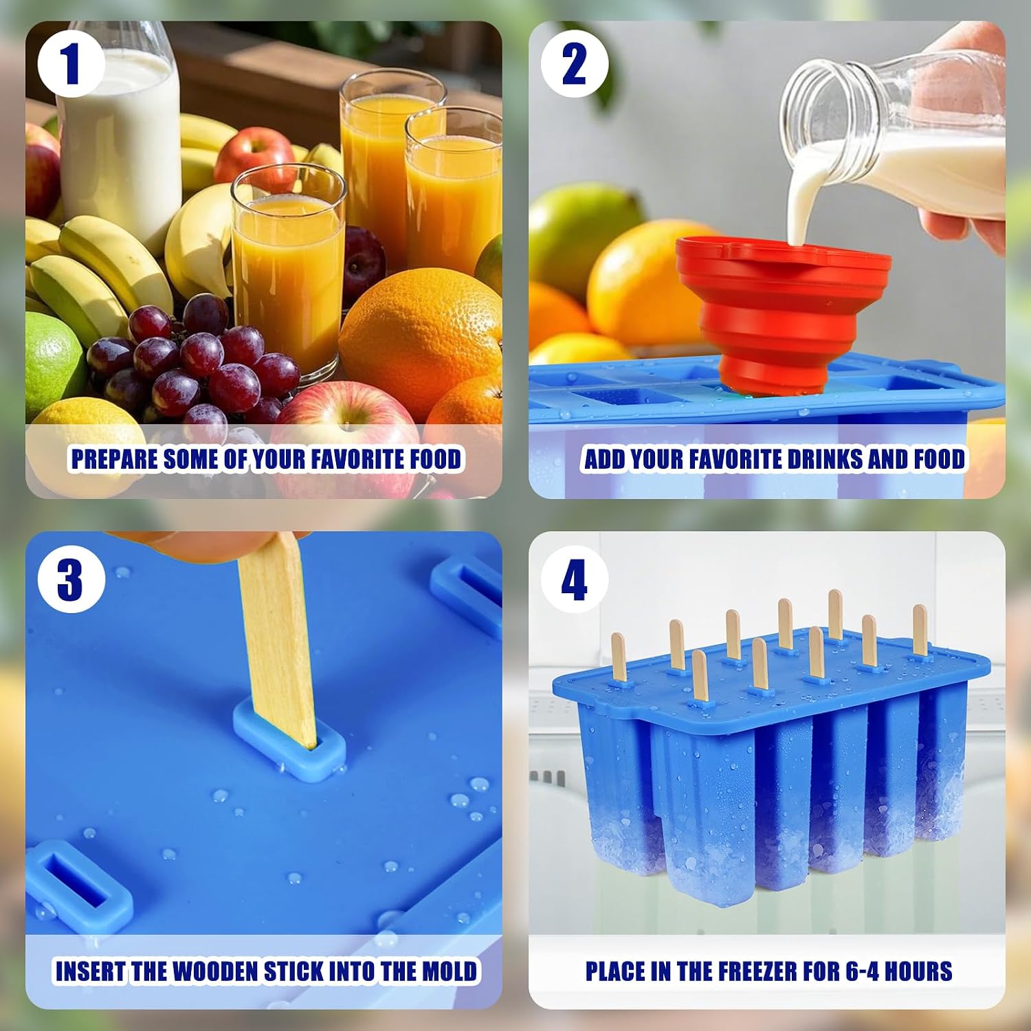 Silicone Popsicles Molds, Food Grade Popsicle Molds for Kids, Homemade Popsicle Mold, BPA Free Ice Cream Mold, lce Pop Molds Maker-with Popsicle Sticks, Popsicle Bags, Funnel (Blue)