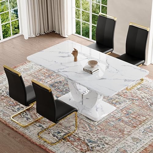 Miniatura 125 de JUFU Juego de mesa de comedor para 6 personas con sillas tapizadas de poliuretano, mesa y sillas de comedor de mármol sintético gris de 63 pulgadas,