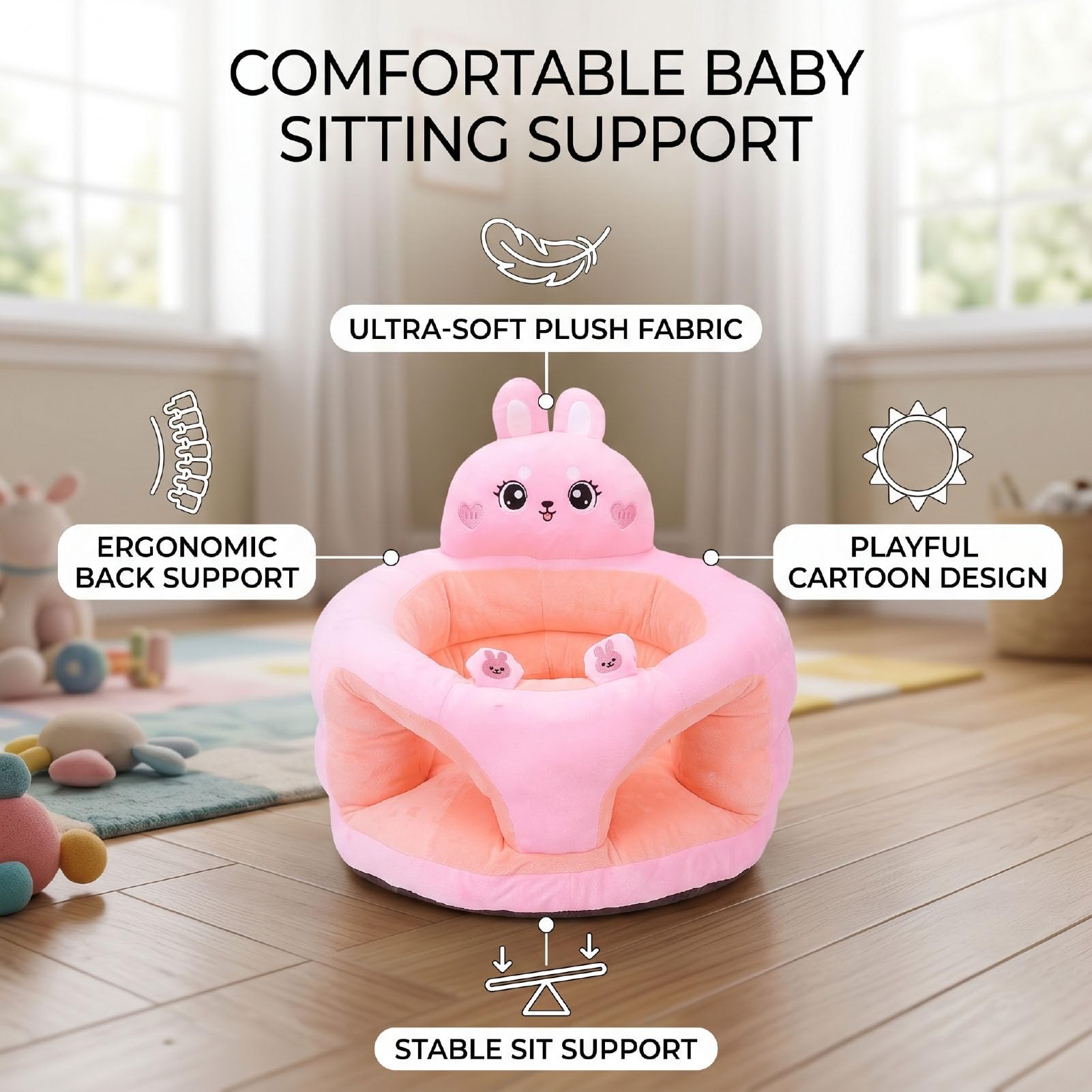 Tosuny Plüsch-Babystuhl Zum Sitzenlernen mit Rückenstütze (Roseate Bunny)