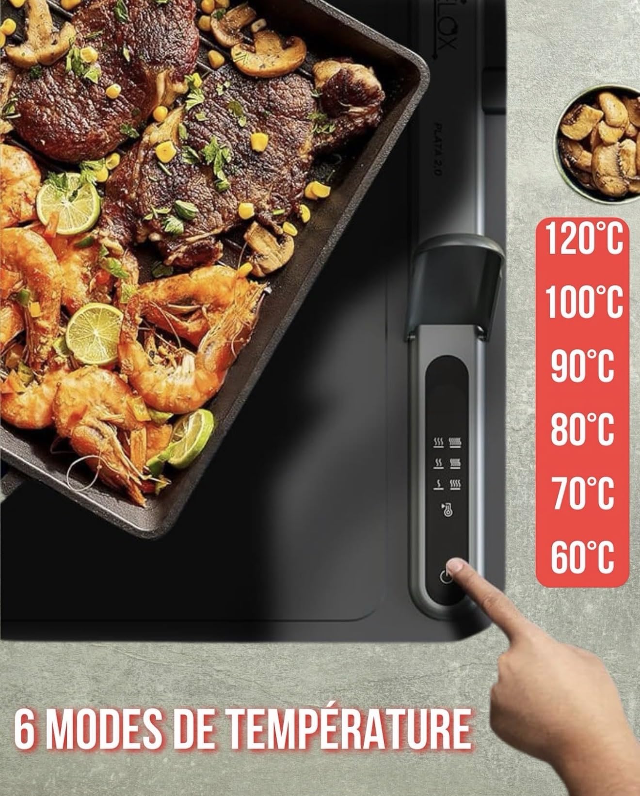 Plata 2.0 CELOX - Piastra riscaldante 500 W, arrotolabile e portatile, 6 posizioni da 60 a 120 °C, silicone flessibile, utilizzabile su timer, non si riaccende automaticamente, 60 x 40 cm + borsa.
