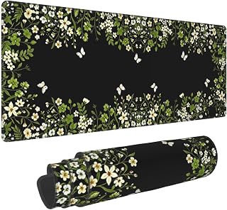 Large Gaming Mousepad, Black Floral XL Mouse Pad with Stitched, Full Long Waterproof Non-Slip Base Flower Keyboard Pad, PC Laptop Computer Mat for Men Office Decor, 31.5 * 11.8 in