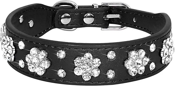 Rhinestone Dog Collar PU Leather Pet Collar Flower Pattern Studded Bling Puppy Collar with Crystal for Cat and Small Medium Dogs (M: for Neck Girth: 12-15 in, Black)