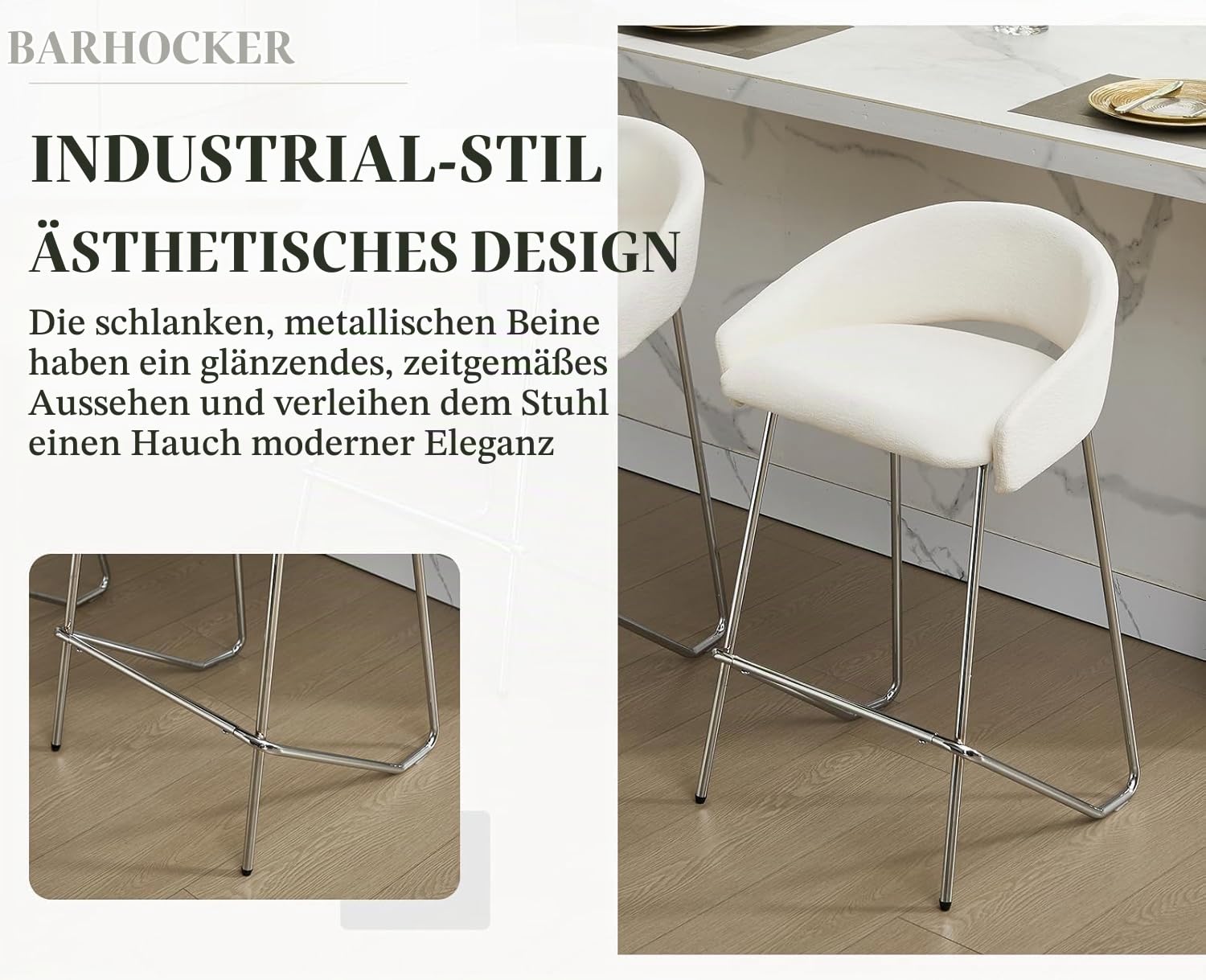 chairus 2er-Set Moderne Barhocker, Metall Chrom Beine, Chenille-Bezug, Weiß