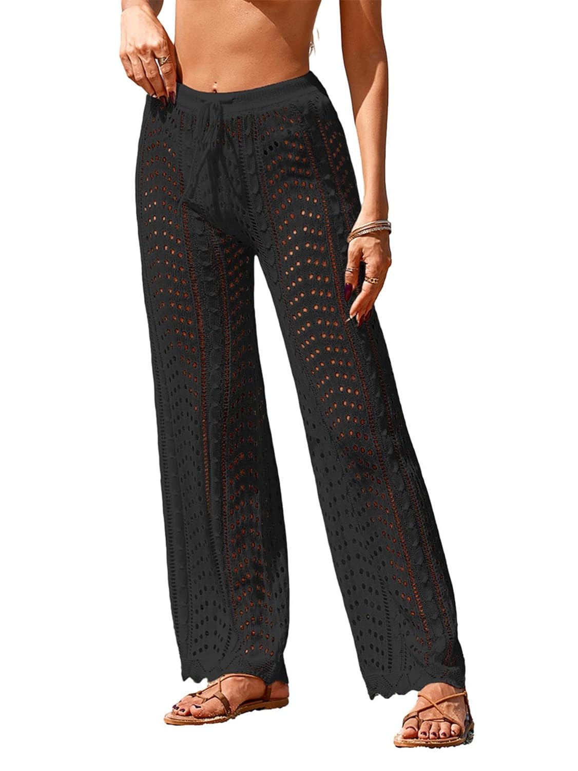 Womens Crochet Knit Elastic Waist Tie Beach Coverup Pant Summer 2025 Trendy Outfits Bathing Suit Cover Up Pants