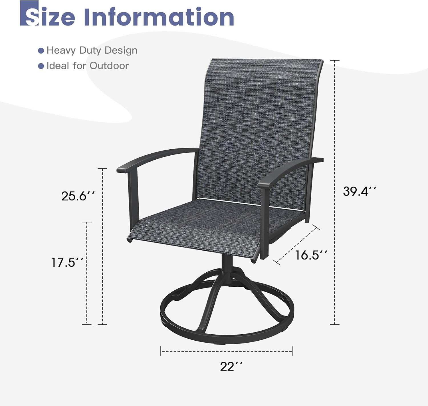 VICLLAX Patio Swivel Chairs Set of 2, Outdoor Dining Chairs with Textilene Breathable Fabric and Seat & Metal Frame Patio Sling Chairs for Backyard Deck Lawn Garden, Dark Charcoal