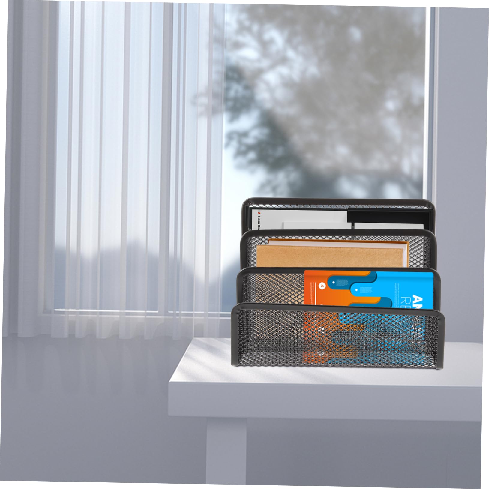 Veemoon Metal Mesh Document Organizer with Compartments Versatile Folder Holder for Home Office Black Wire Desktop File Storage for Magazines Books and Documents
