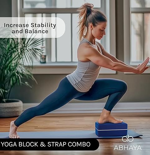 Miniatura 4 de ABHAYA - Bloque de yoga de 2 unidades y 1 correa elástica, 2 bloques de espuma EVA de alta densidad sin látex de alta densidad, 1 correa de grabado