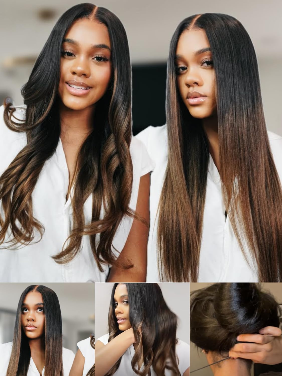 Nadula Chestnut Brown Ombre Yaki Straight Lace Front Wig Human Hair 13x4 HD Pre Plucked Glueless Wig with Elastic Drawstring, Pre Cut Invisible Knots, Light Yaki Bye Bye Knots Wig 20 Inch