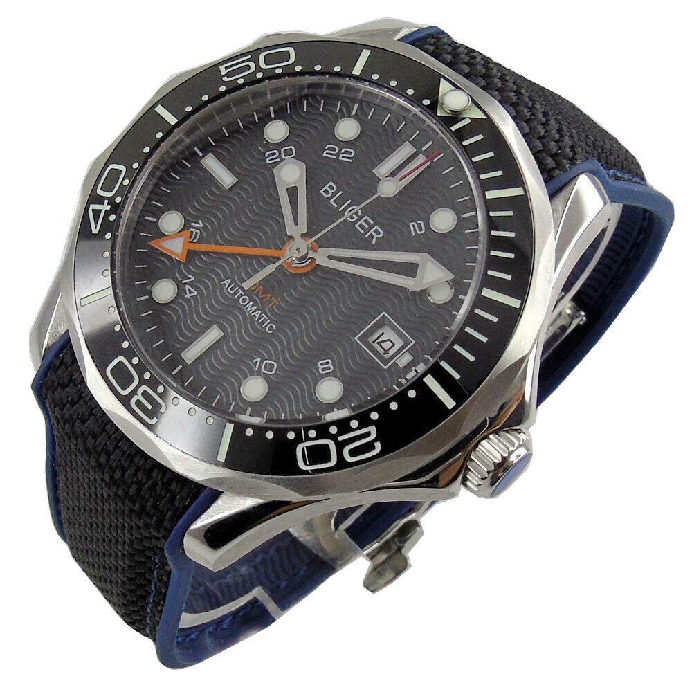 Bliger41MM Black Dial Luminous Marks Sapphire Glass GMT Function Automatic Movement Men's Watch Rubber Strap