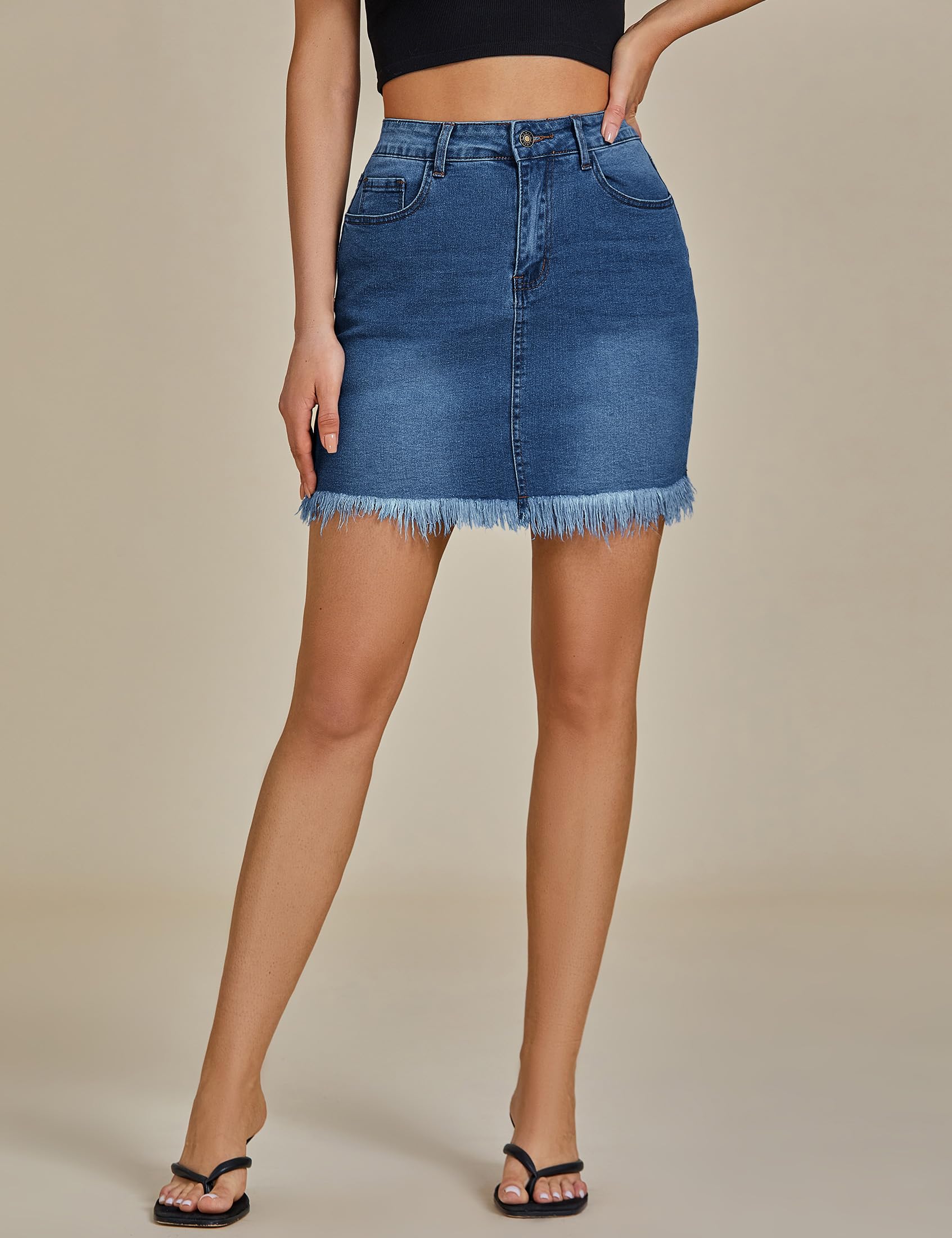 Falda corta de mezclilla para mujer, de talle medio, deslavada, estilo informal, con bolsillos, dobladillo deshilachado, L, Azul Oscuro 4
