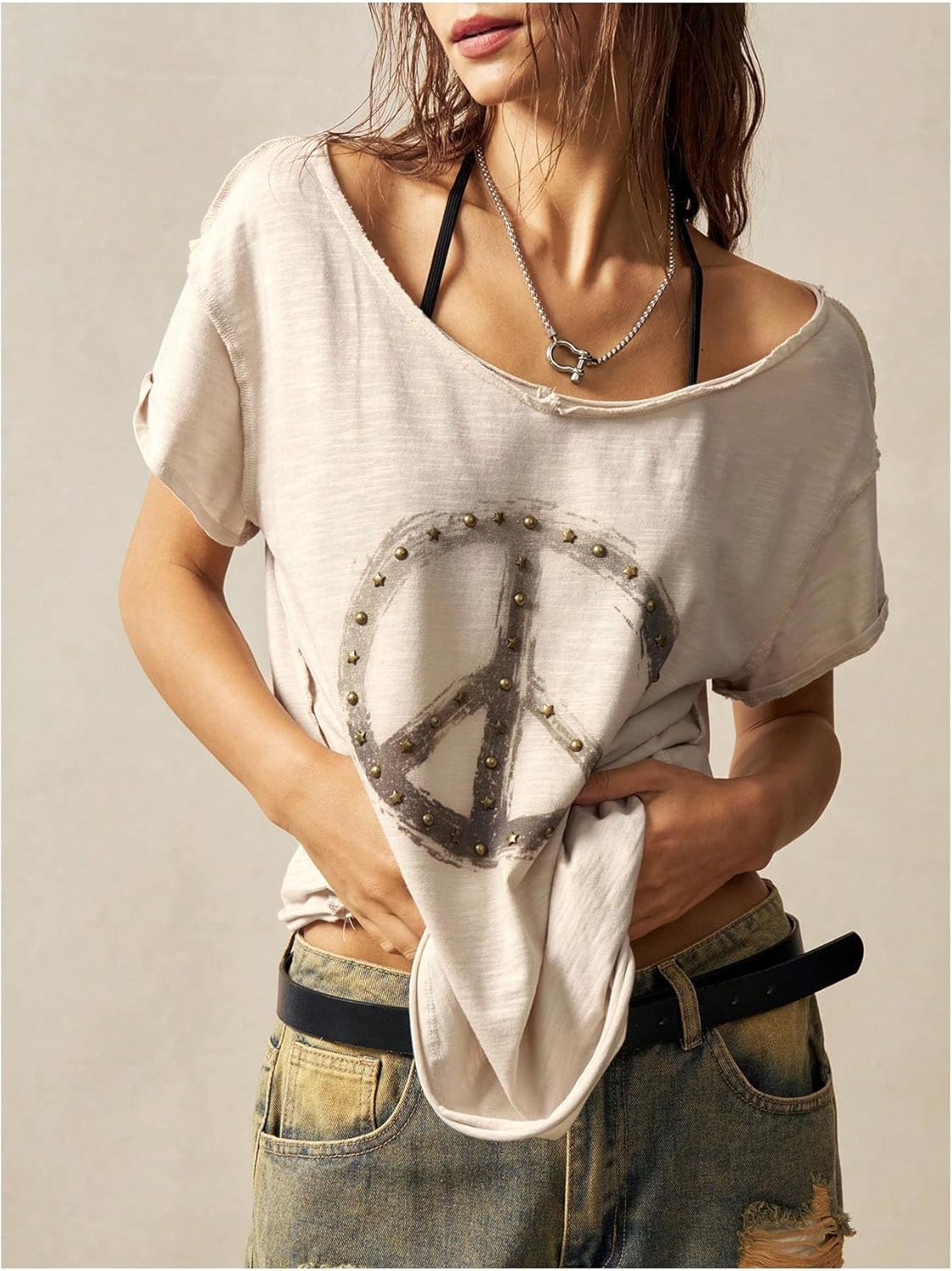 SHENHE Women's Peace Sign Shirt Off Shoulder Oversized Graphic Tee Y2k Punk Music Concert Top - Image 3