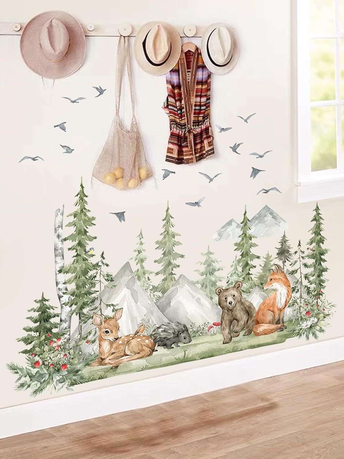 Giant Woodland Jungle Animal Wall Stickers - Forest Tree Deer Bear Mountain Landscape Decals Peel&Stick Removable Art Mural for Kid Nursery Bedroom Living Room Playroom,96 cm x 150 cm