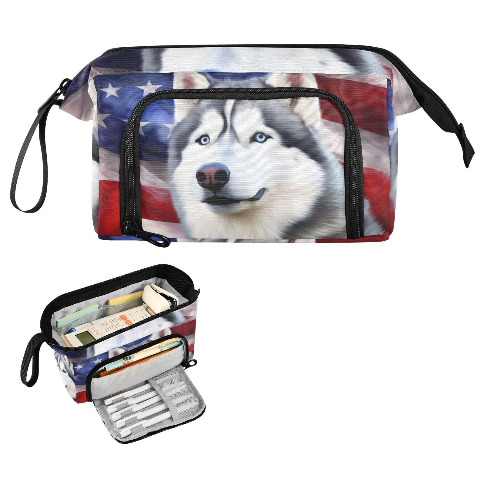 XYMZR Large Pencil Case Husky and American, Fashion Pencil Pouch with 3 Compartments Portable Handle for School Office Teens Adults