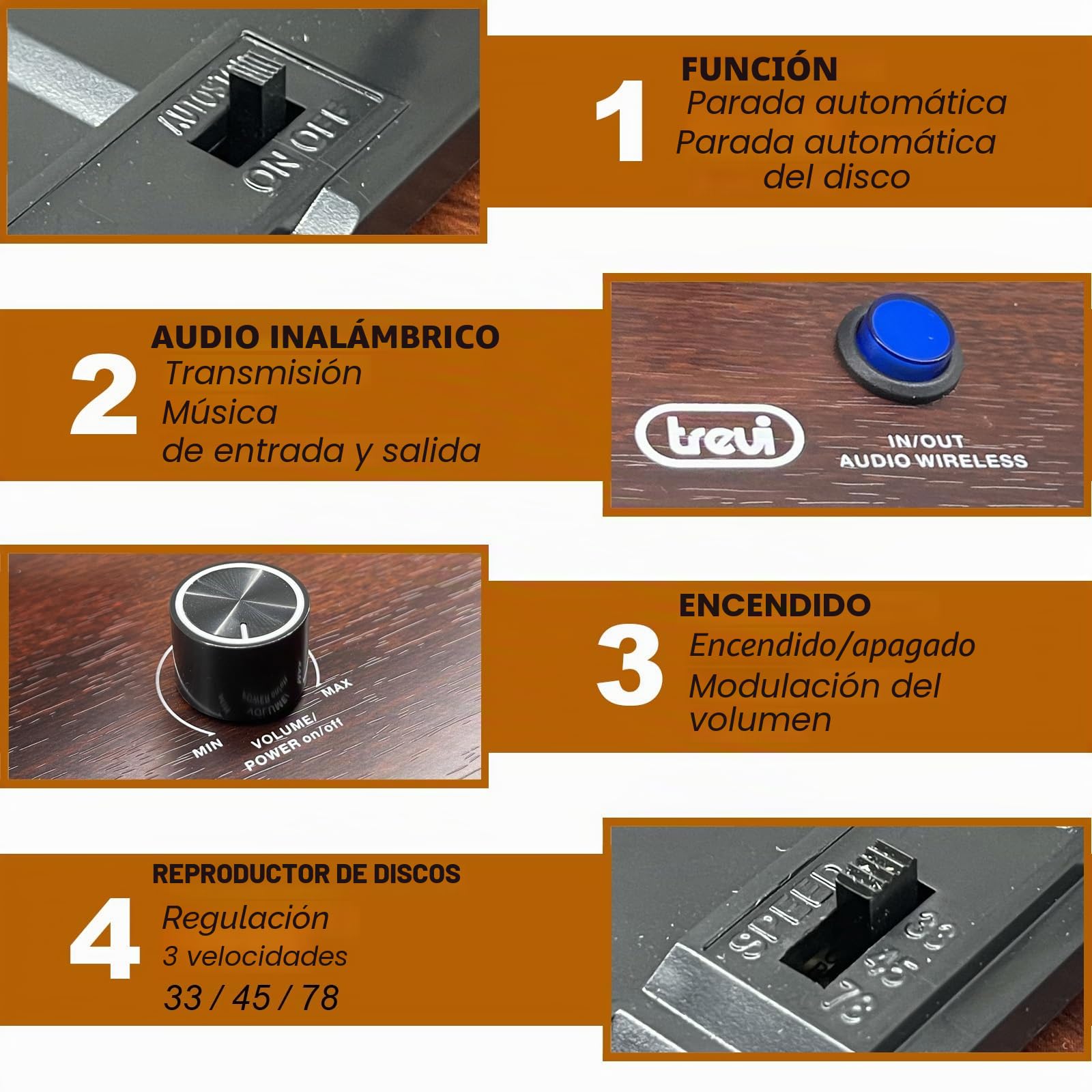 Trevi TT 1030 BT Tocadiscos con Mueble de Madera, conexión Audio inalámbrica Entrada/Salida, Reproductor de vinilos 33/45/78 RPM, Salida RCA, Altavoces incorporados