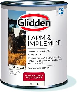 Glidden Farm & Implement Alkyd Enamel Interior/Exterior Paint for use on Machinery, Equipment, Masonry, and Other Metal Surfaces, 1 Quart, High Gloss, White