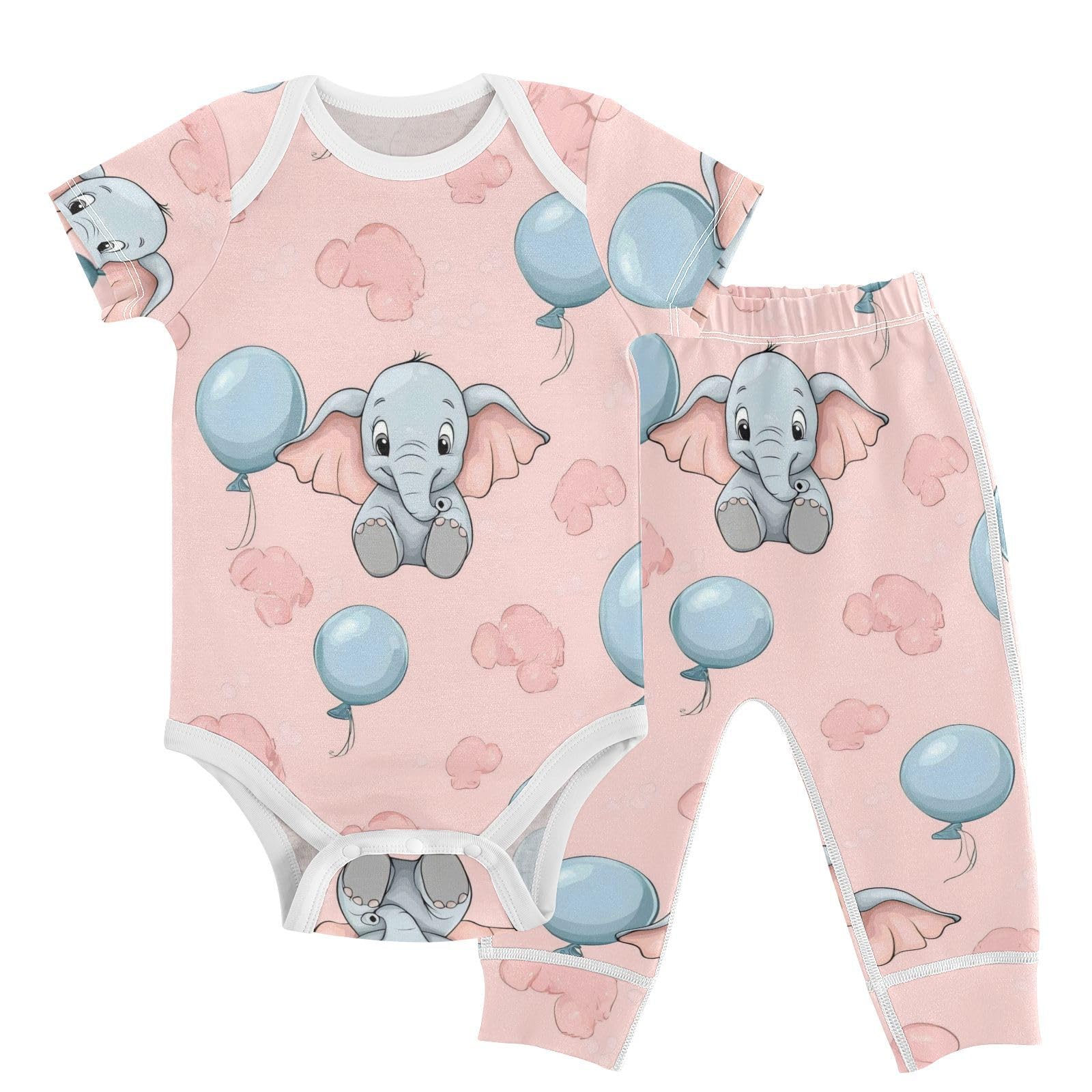 vvfelixl Cartoon Big-eared Dumbo Baby Bodysuits Set,Baby Layette Sets Unisex Short Sleeve Babys Pants Sets 6-9M