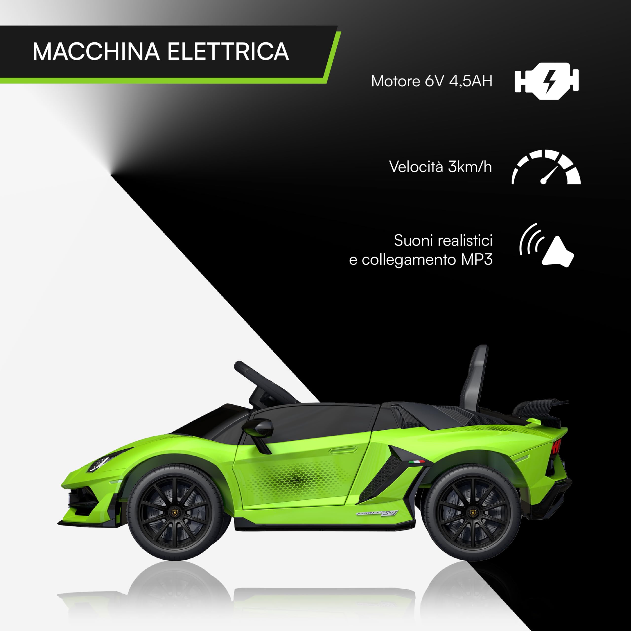 Baroni Toys Lamborghini Baby Car Elettrica 6V con Telecomando Genitori, Suoni, MP3, Retromarcia, Auto per Bambini 1-4 Anni, 100x60x50 cm Verde