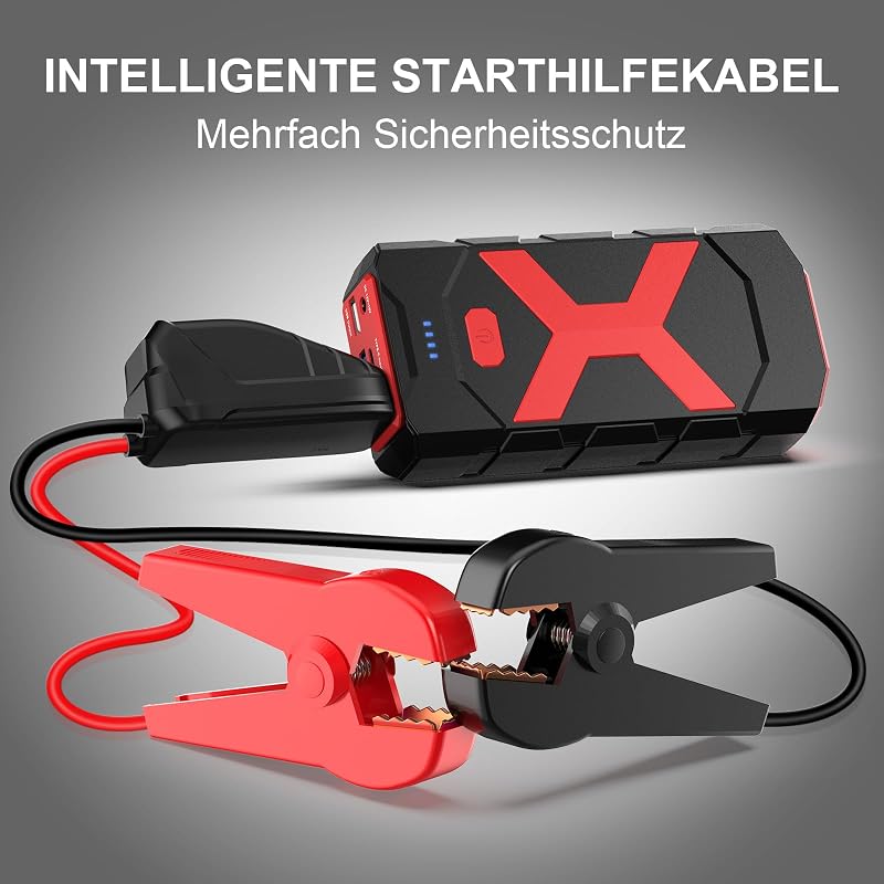 POWKEY 2000A Autó Indítóakkumulátor, 20000 mAh, Benzin Dízel Booster Power Bank LED USB Piros