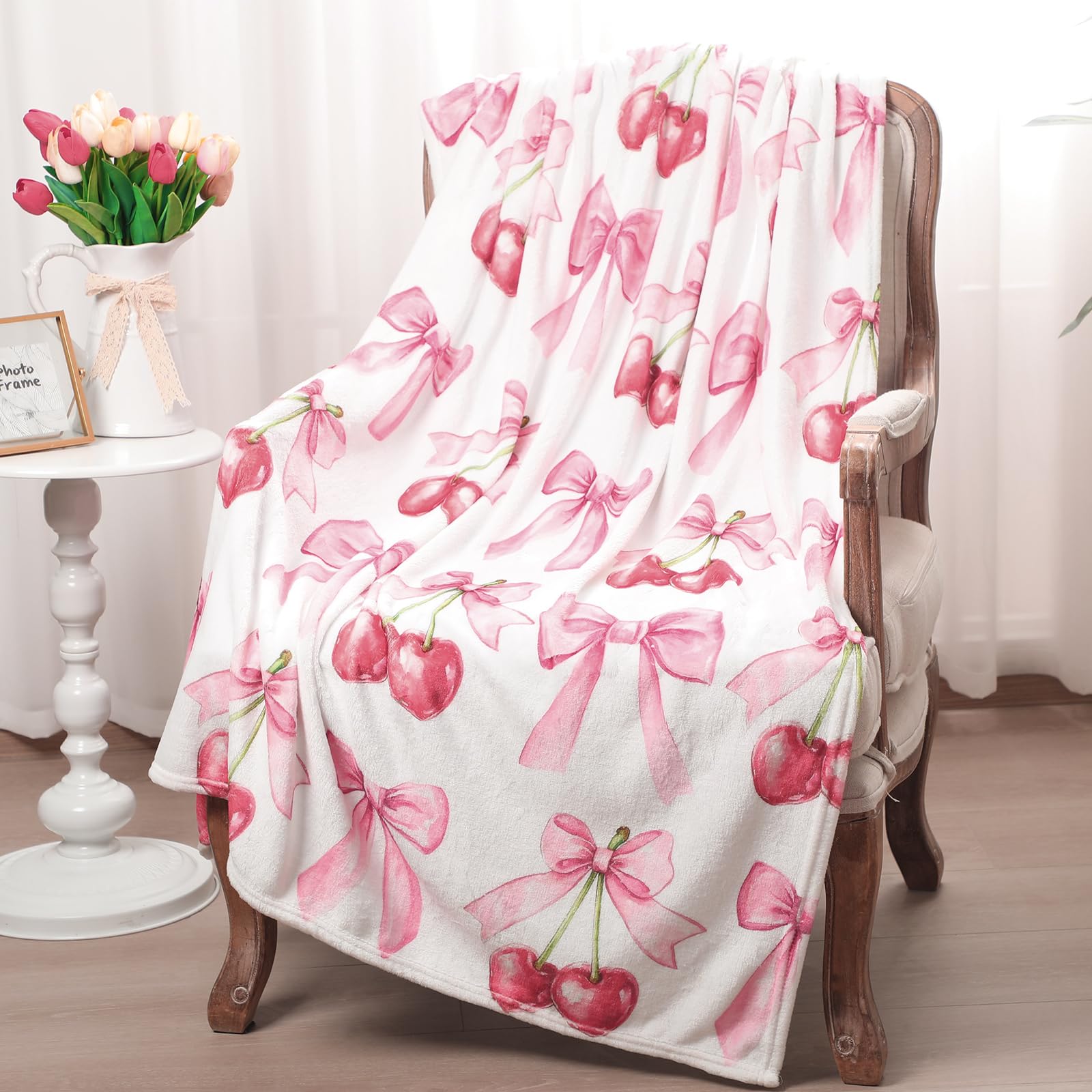 Coquette Room Decor Pink Bow Throw Blanket Cute Flannel Soft
