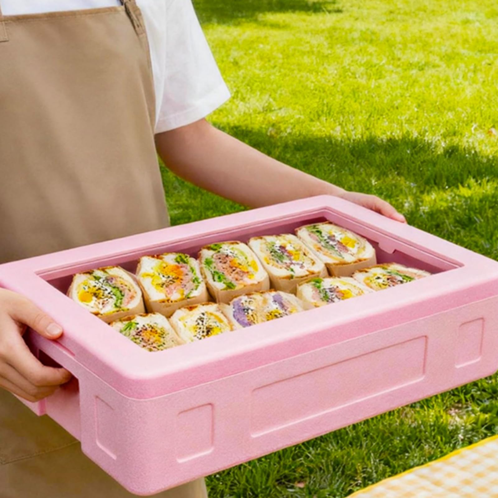Contenitore Termico Isolato Rettangolare Porta Alimenti in Materiale Stile Semplice Maniglie Laterali Coperchio Trasparente Adatto per Trasporto Cibo Conservazione Cucina 24L, Arancione