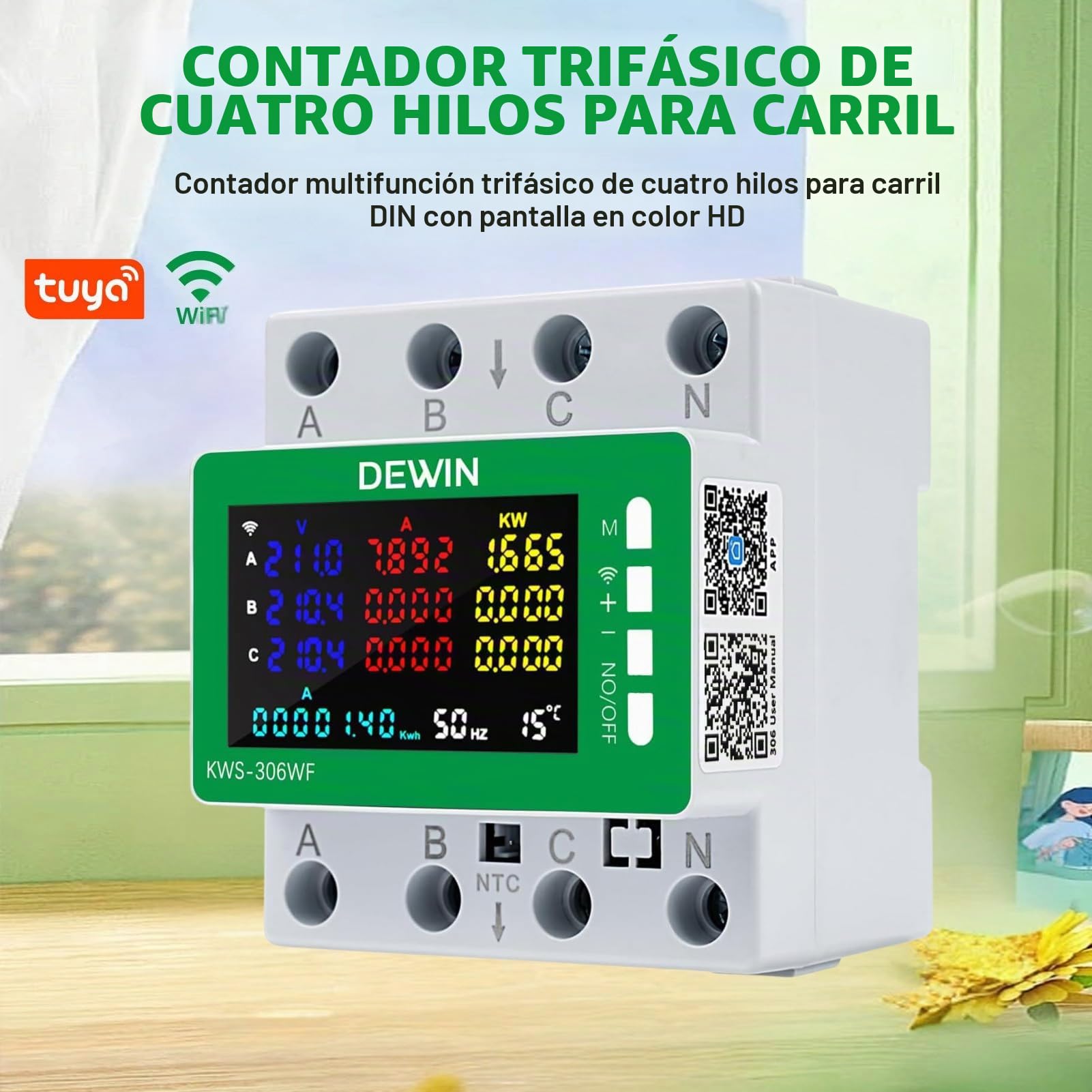 WiFi Medidor de Consumo Electrico Trifasico, 9 en 1 WiFi Tuya Contador Electrico AC 85-290V 0-80A Digital Medidor de Energía con Medición, Memoria de Apagado, Protección Contra Sobretensión