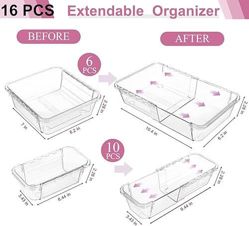 Miniatura 2 de Organizador de cajones transparente extensible, caja de almacenamiento de tocador ajustable, organizador de cajones de escritorio de 2 tamaños,