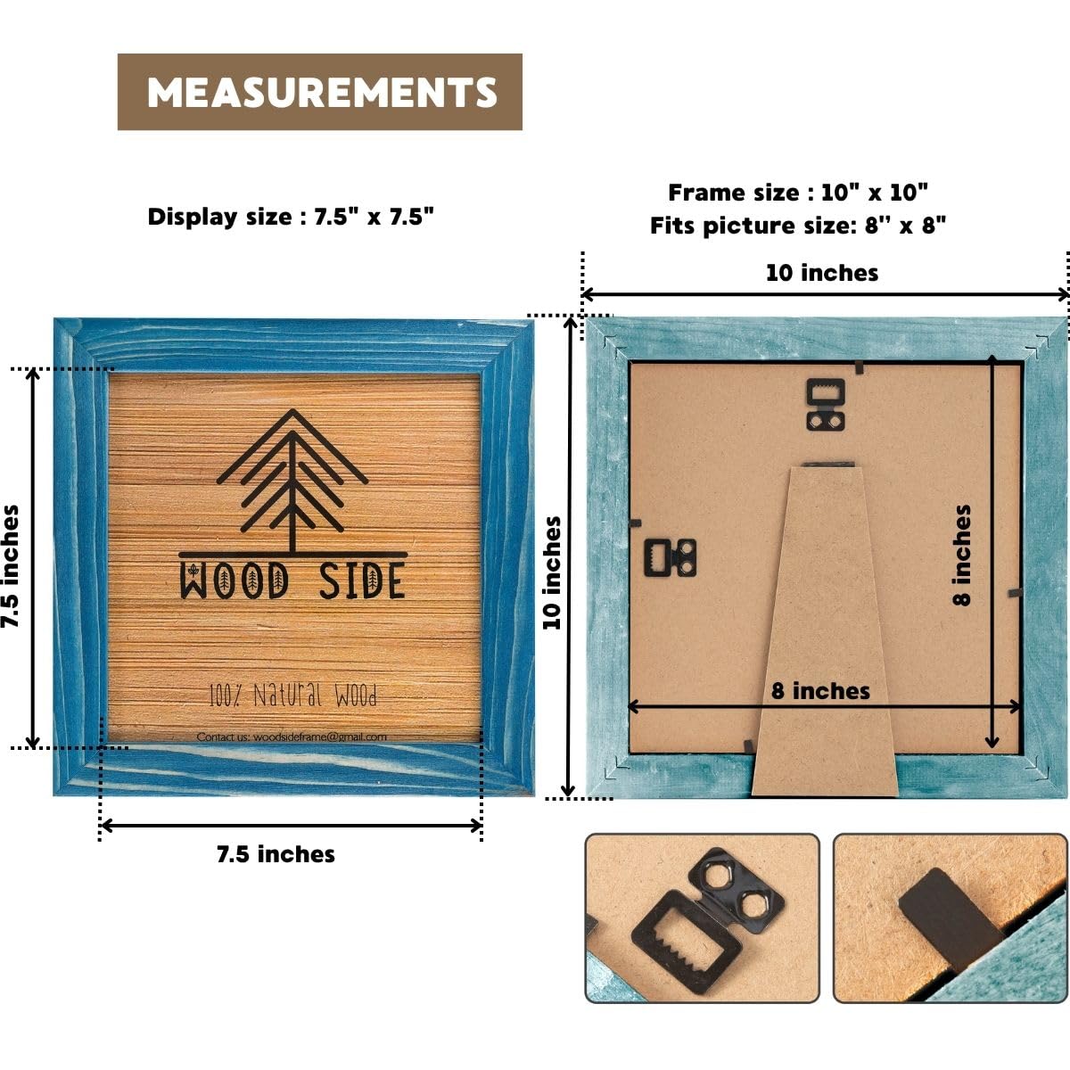 Rustykalne drewniane kwadratowe ramki na zdjęcia 20 x 20 cm, zestaw 2 szt. - 100% naturalne drewno wiejskie, sprane stodoła, z prawdziwym szkłem, do montażu na ścianie i na blacie, granatowe