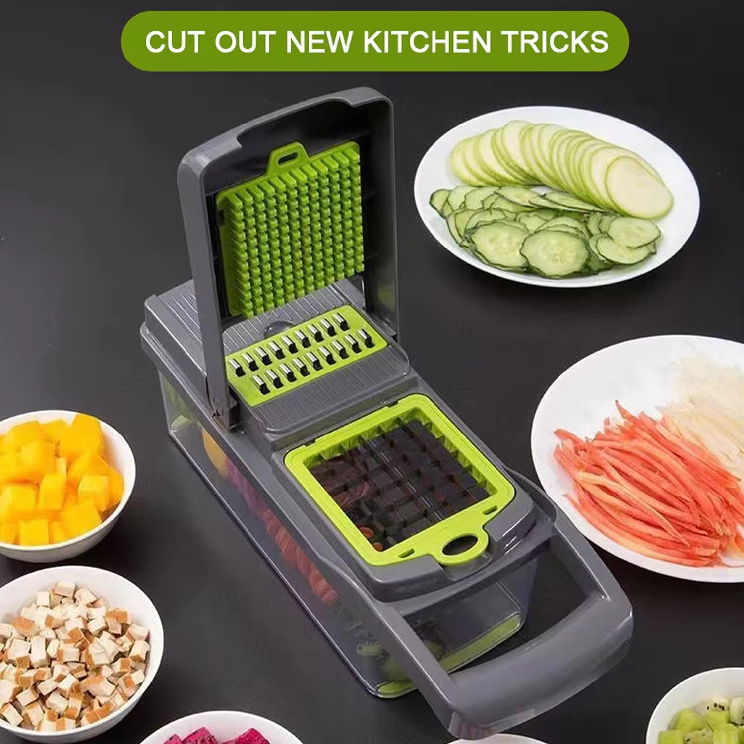 14-in-1 Vegetable Chopper and Slicer with Stainless Steel Blades, White and Green