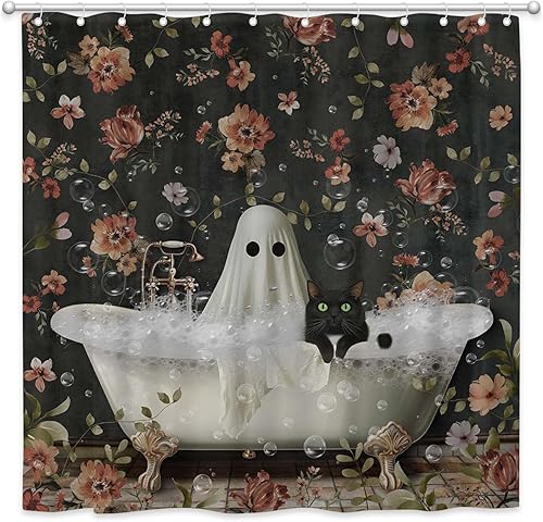 Cortina de ducha de fantasma y gato en la bañera, espeluznante juego de cortina de baño de Halloween, fantasma divertido con gato, tela de