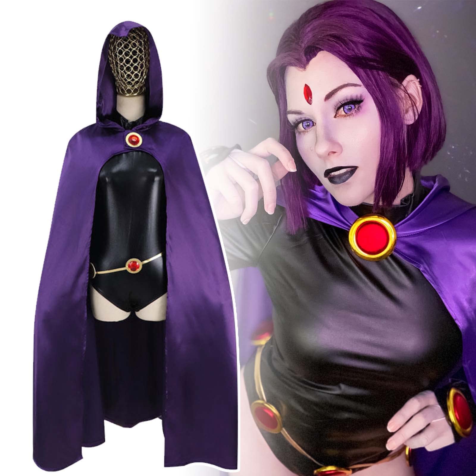 vickkt Raven-Cosplay-Kostüm, Deluxe-Overall-Gürtel mit violettem Umhang, Halloween-Uniform, Cosplay-Kostüm für Damen, Größe S