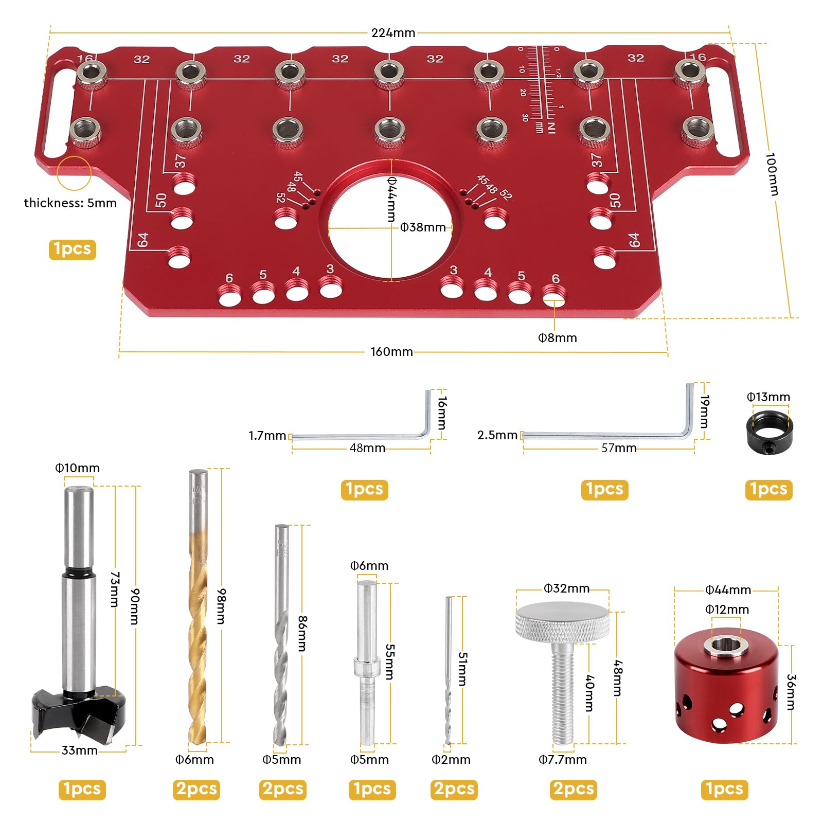 Regalstift-Bohrvorrichtung Rot Shelf Pin Jig und Cabinet Hinge Jig 2 in 1 Regalstiftvorrichtung und 35mm Scharniervorrichtung Alu Lochreihen Bohrschablone mit 5mm und 1/4 Zoll Bohrern (Kurz)