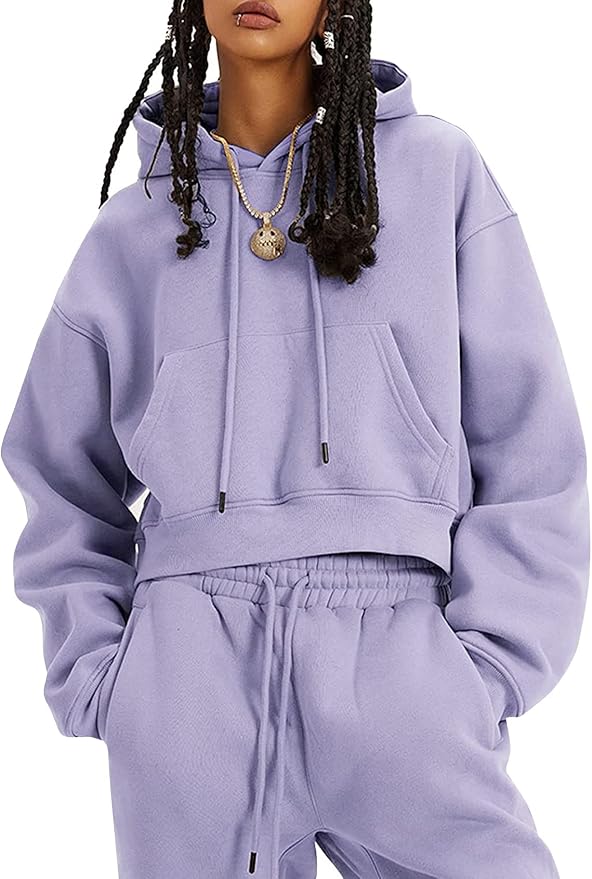 Flygo Womens Fleece 2 Piece Outfits Sweatsuit Crop Pullover Sweatshirt Joggers Pants Tracksuit Set