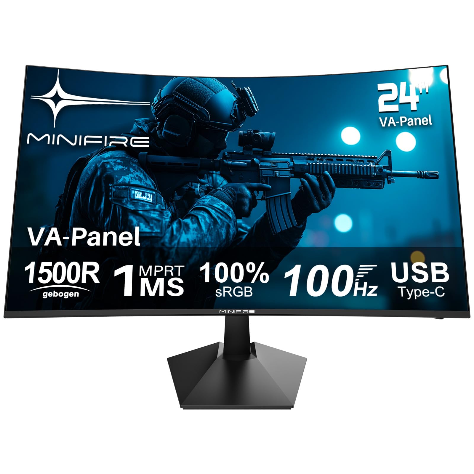 Minifire Monitor Curvo 24 Zoll 100Hz Schermo PC con altoparlante - Pannello VA 1500R FHD (1920 x 1080p), MPRT 1ms, sRGB100%, meno luce blu, HDMI 1.4, Type-C 2.5W, supporto VESA 75 * 75 - Nero(MF24C1)