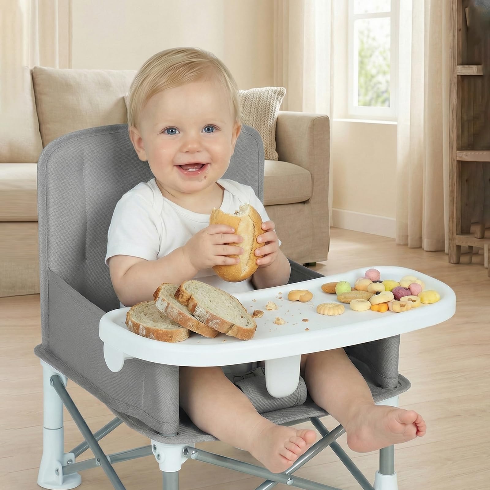 Tragbare Sitzerhöhung mit Futterschale für Babys Booster Stuhl für 6 Monate bis 3 Jahre Kompakter Faltbarer Sitzerhöhung Babystuhl Reisestuhl