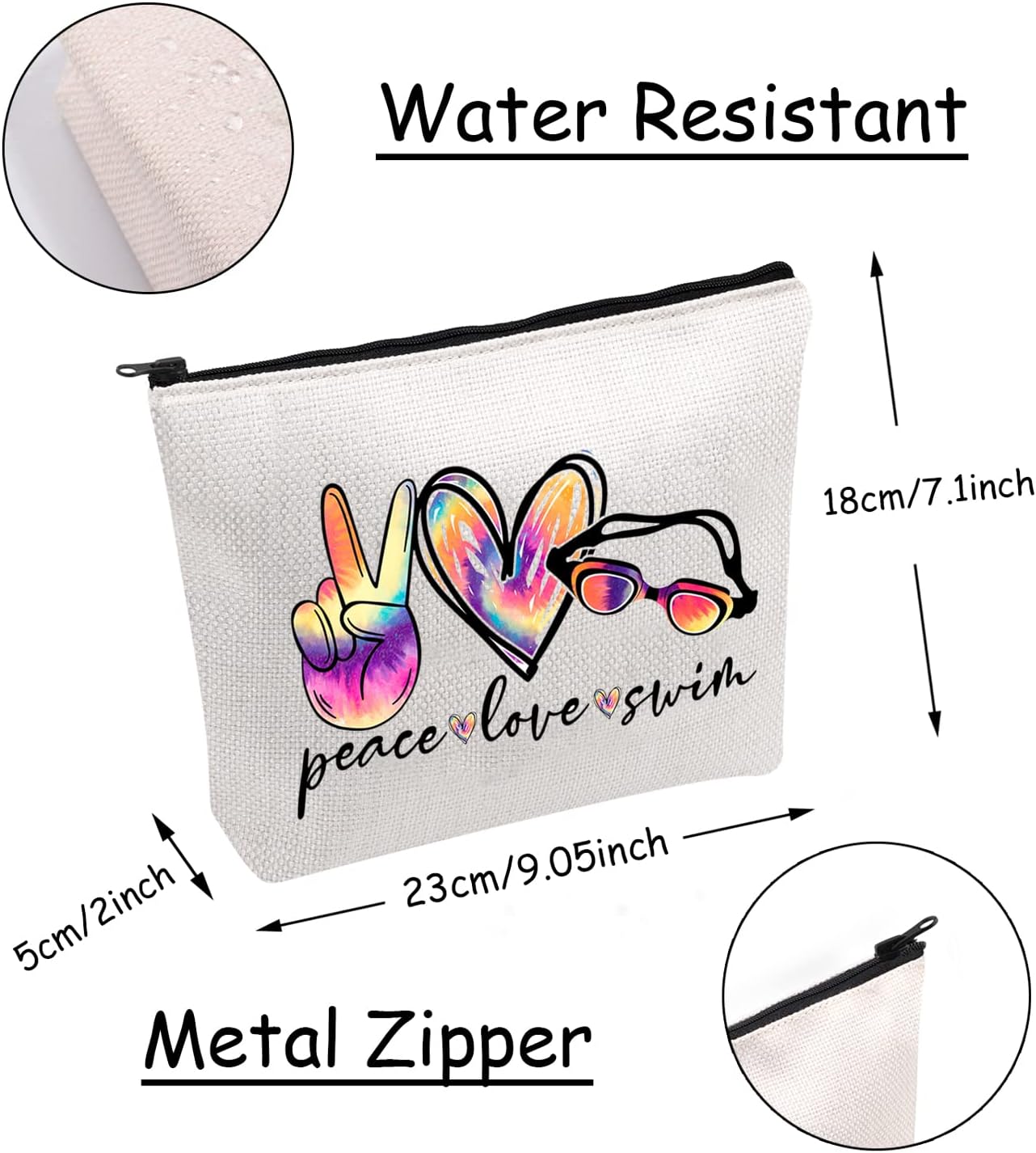 JXGZSO Funny Swimming Gift Peace Love Swim Makeup Bag With Zipper Swimmer Cosmetic Bag Gift For Swim Lover Coach - Image 2