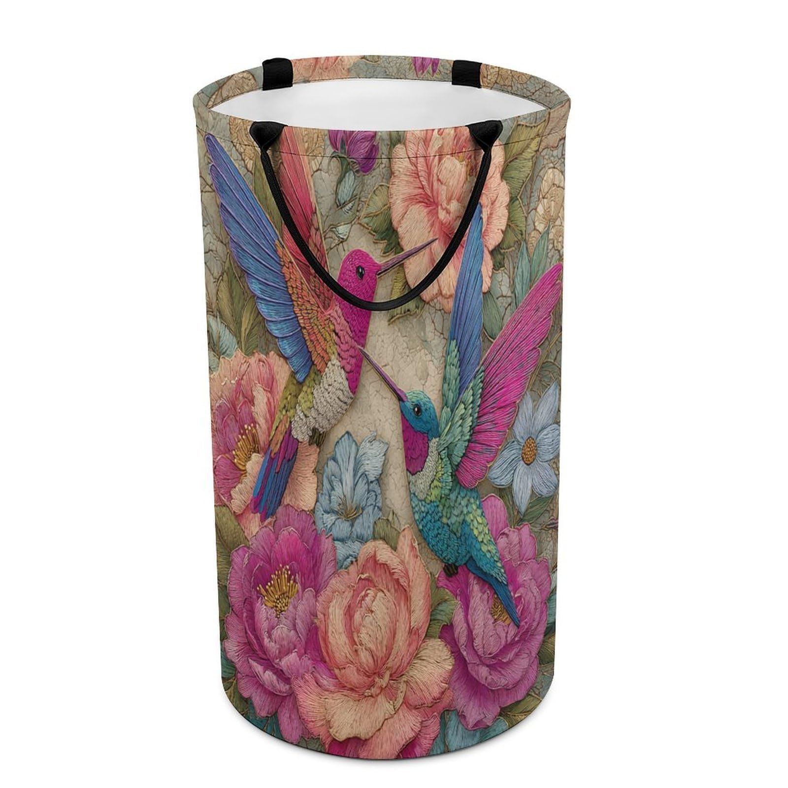 LUYYSKY Vintage Oil Painting Hummingbirds Collapsible Dirty Clothes Basket, Retro Spring Garden Botanical Flowers Birds Hummingbirds Portable Clothes Storage Basket