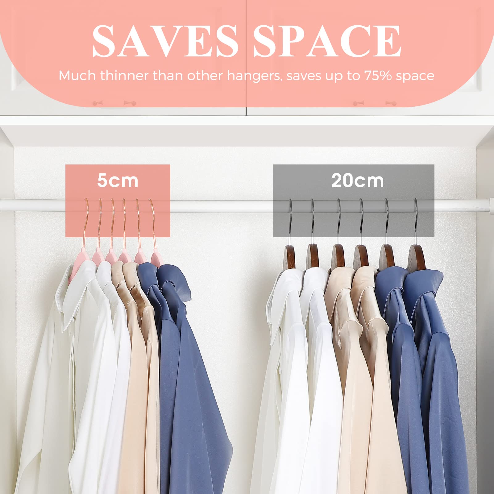 HOUSE DAY Premium Velvet Hangers 50 Pack, Non Slip Felt Hangers, Space Saving Clothes Hangers, Heavy Duty Coat Hangers, Slim Flocked Hangers, Suit Hanger for Adult (Peach Pink/Rose Gold Hooks)