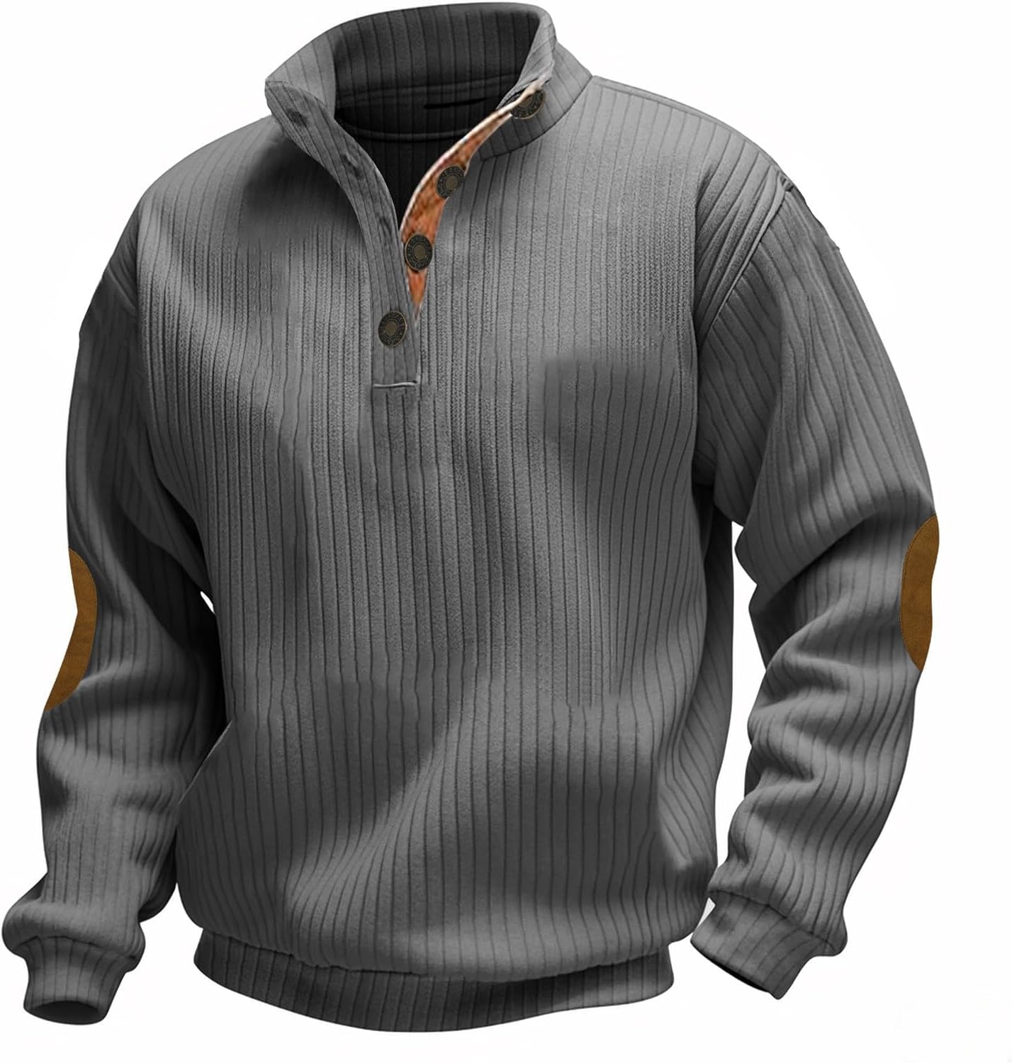 Men Knit Rib Sweatshirt Long Sleeve Stand Collar 1/4 Button Pullover Tops