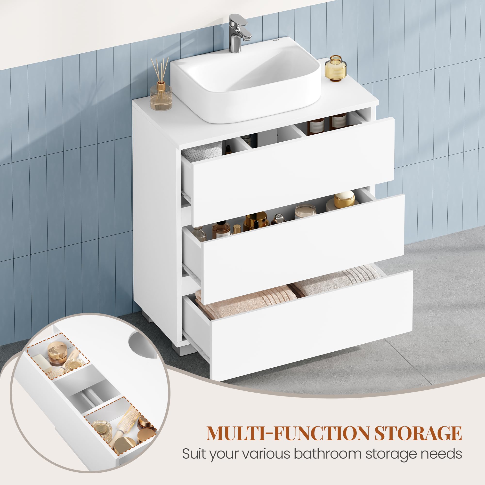 HEXCELEN Mueble Bajo Lavabo, Mueble Baño con 3 Cajones, Armario de Baño, con Patas Elevadas, para Lavabo Sin Reborde, Moderno, 30 x 60 x 63 cm, Blanco