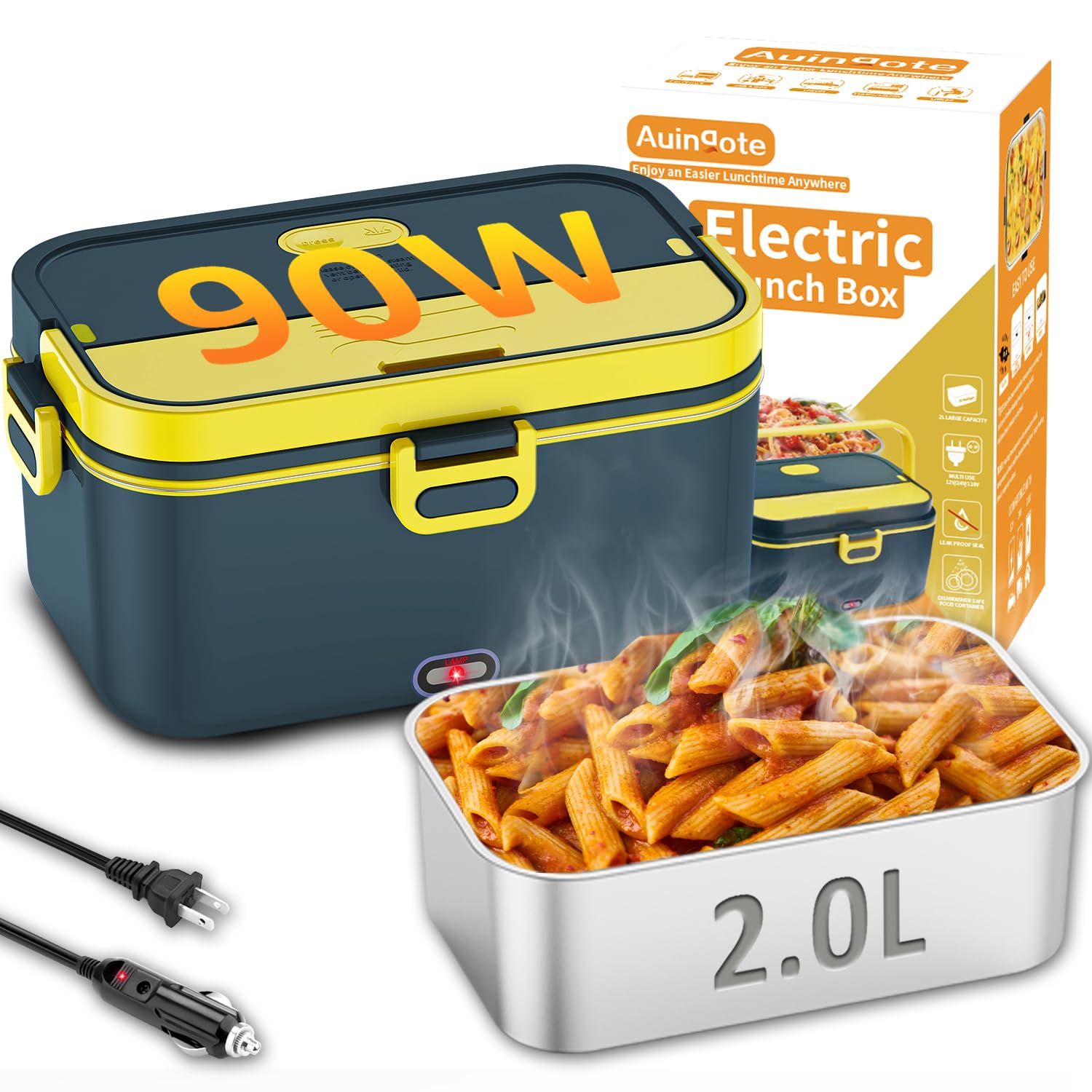 Electric Lunch Box for Adults 90W Heated Lunch Box - 12/24/110V Portable Food Warmer with 2L Stainless Steel Container - Food Heater Lunch Warmer for Car, Truck, Office - Blue