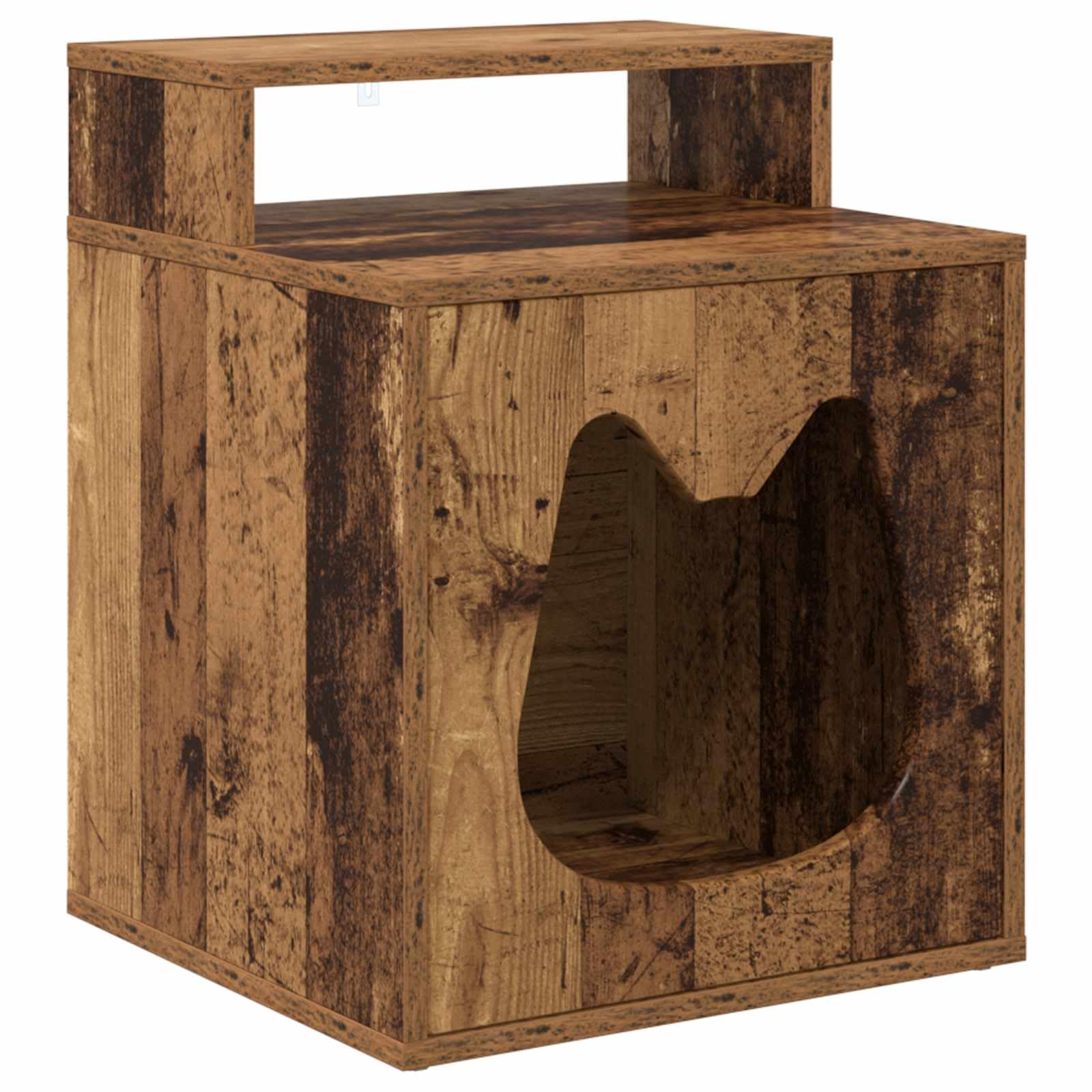 Casetta per gatti in legno di vecchio legno, 42,5 x 40 x 53,5 cm, compatta e stabile, per soggiorno, interni per gatti, con kit di montaggio, ideale per graffi, arrampicata, giochi e cura
