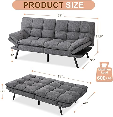 Miniatura 3 de Opoiar Sofá cama de espuma viscoelástica convertible moderno con reposabrazos ajustables y patas de metal, juegos de futones multifuncionales, sofá