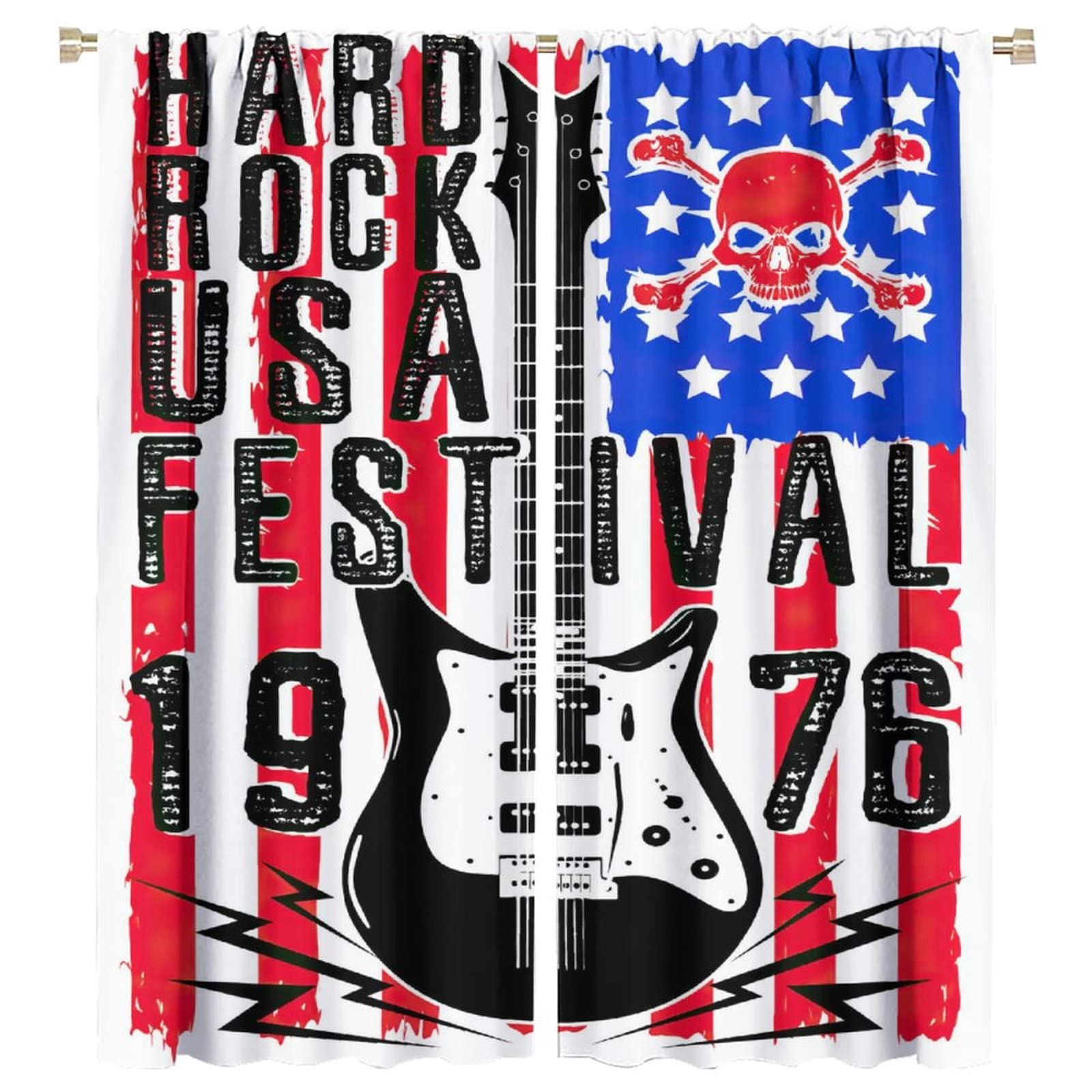 Music Curtain,American Flag Guitar Skull Skeleton Rock Musical Instrument Style Window Treatments Curtains for Bedroom Living Room Decor W55xL63in