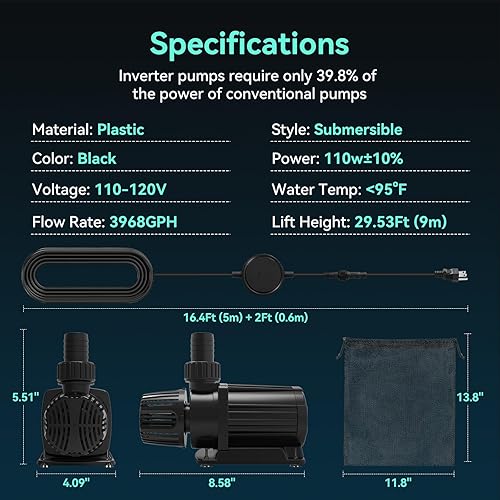 Miniatura 8 de Bomba de agua sumergible 3968 GPH, bomba de estanque de 110 W con 29.6 pies. Altura de elevación para piscina de estanque Koi, cascada, pecera,