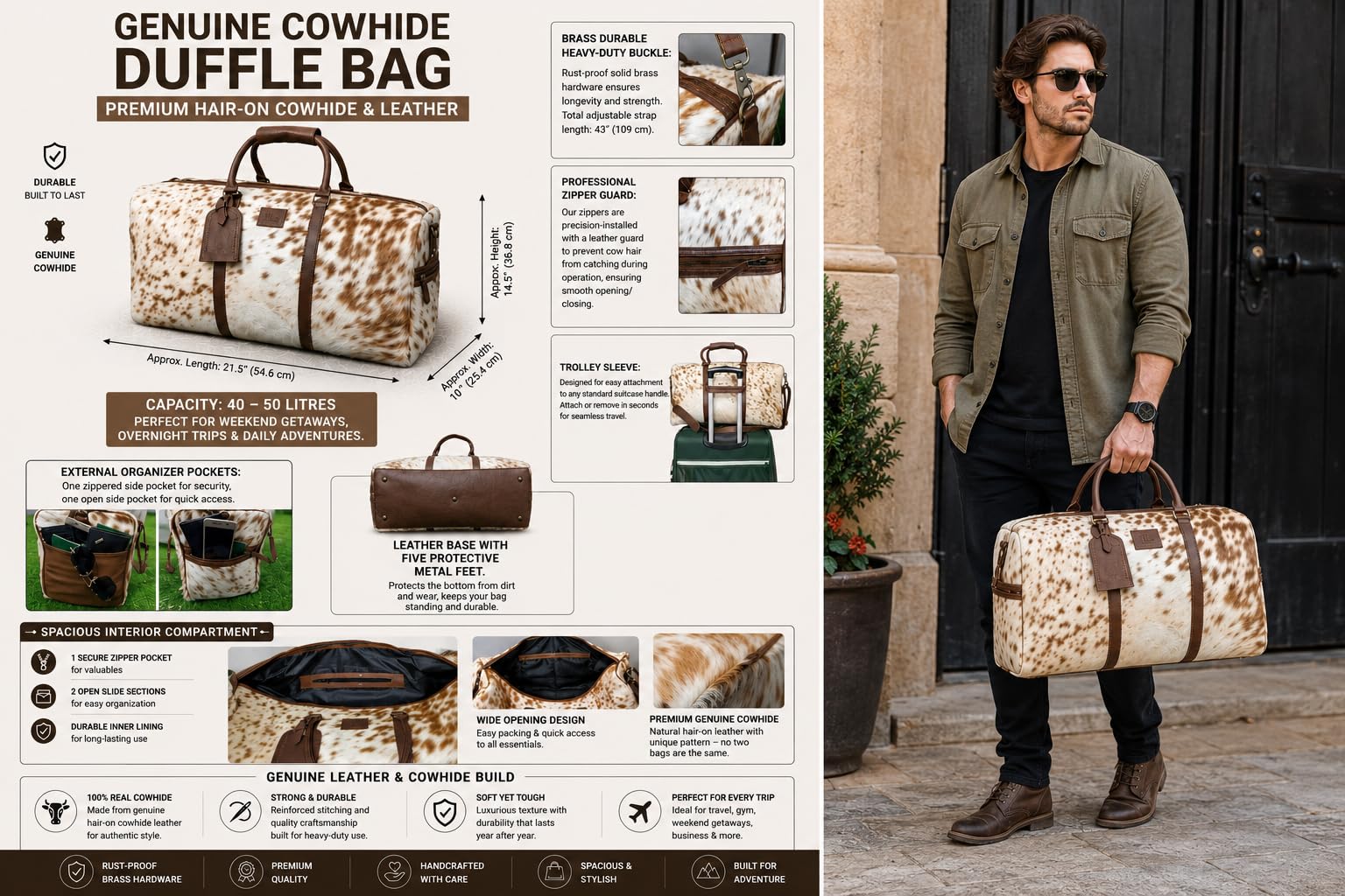 Bolsa de viaje unisex de piel de vacuno auténtica, bolsa de viaje para fin de semana, equipaje de noche de cuero vacuno marrón blanco con correa para el hombro, bolsa de viaje de mano, bolsa de viaje