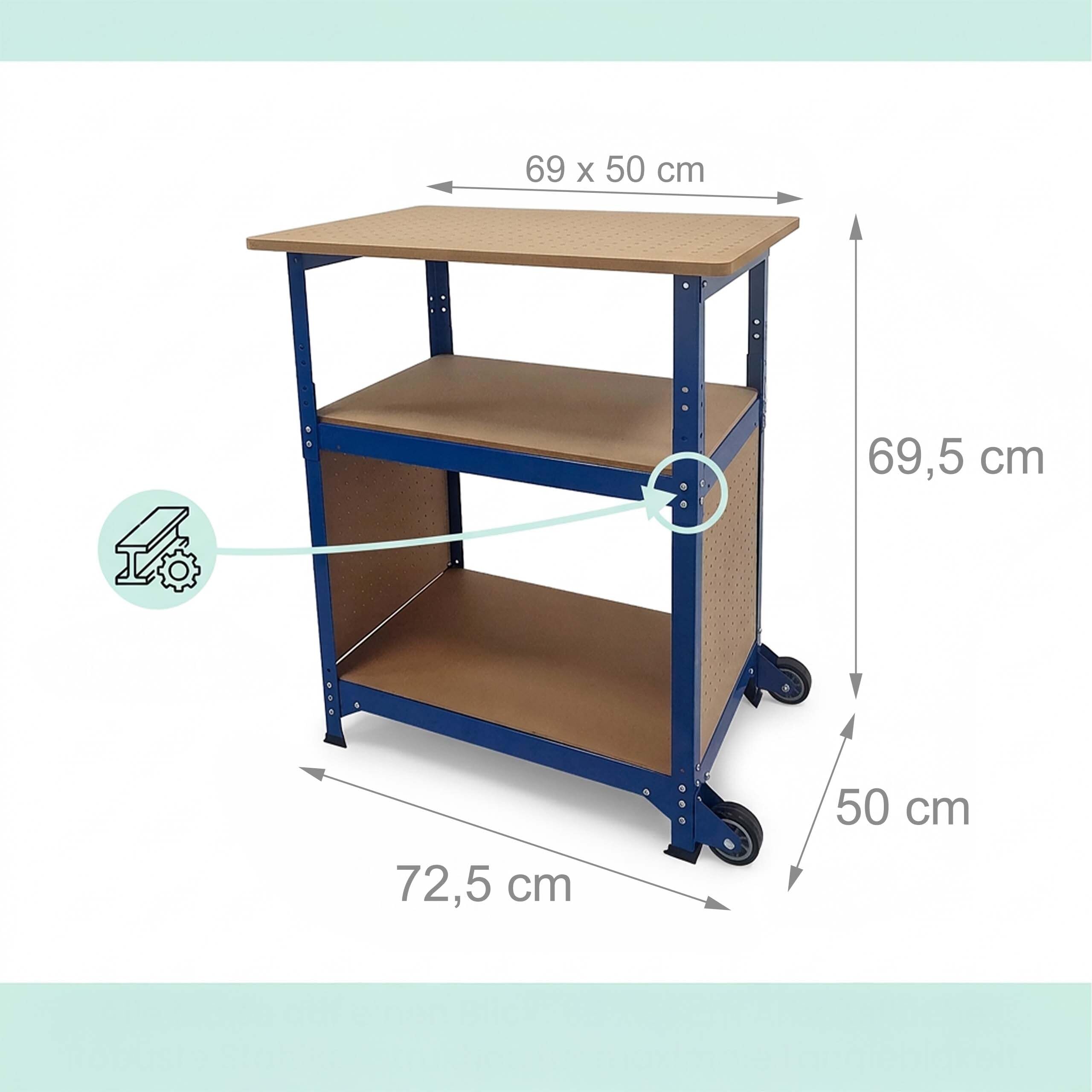 Établi Relaxdays sur roulettes, 69,5×72,5×50 cm, Hauteur réglable, Panneau perforé, Acier/MDF, Bleu