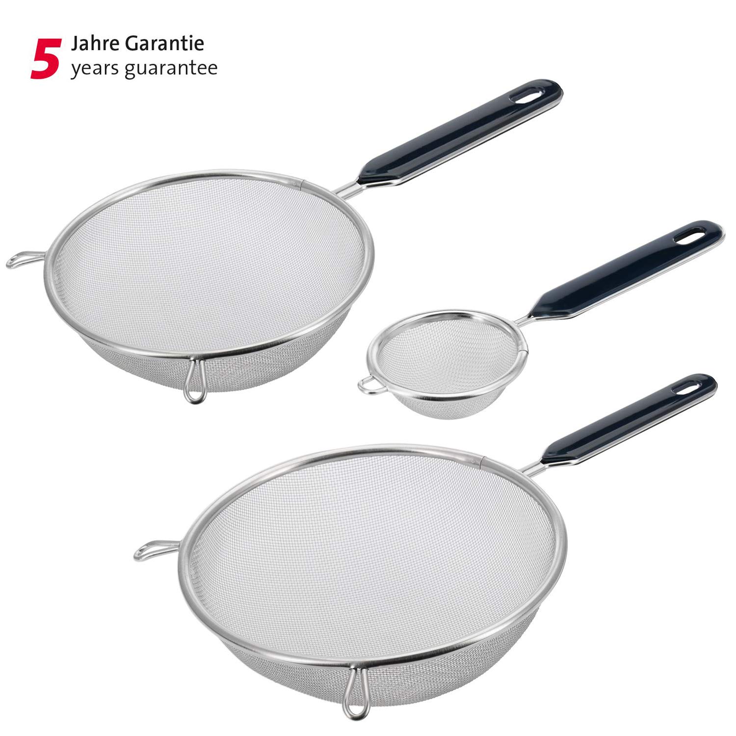 Westmark Set di Setacci, 3 Pezzi, Colino per il Tè ø 7 cm + Colini per la Casa 16 cm + 20 cm, Traditionell, Plastica/Acciaio Inossidabile, Argento/Nero, 128122E6