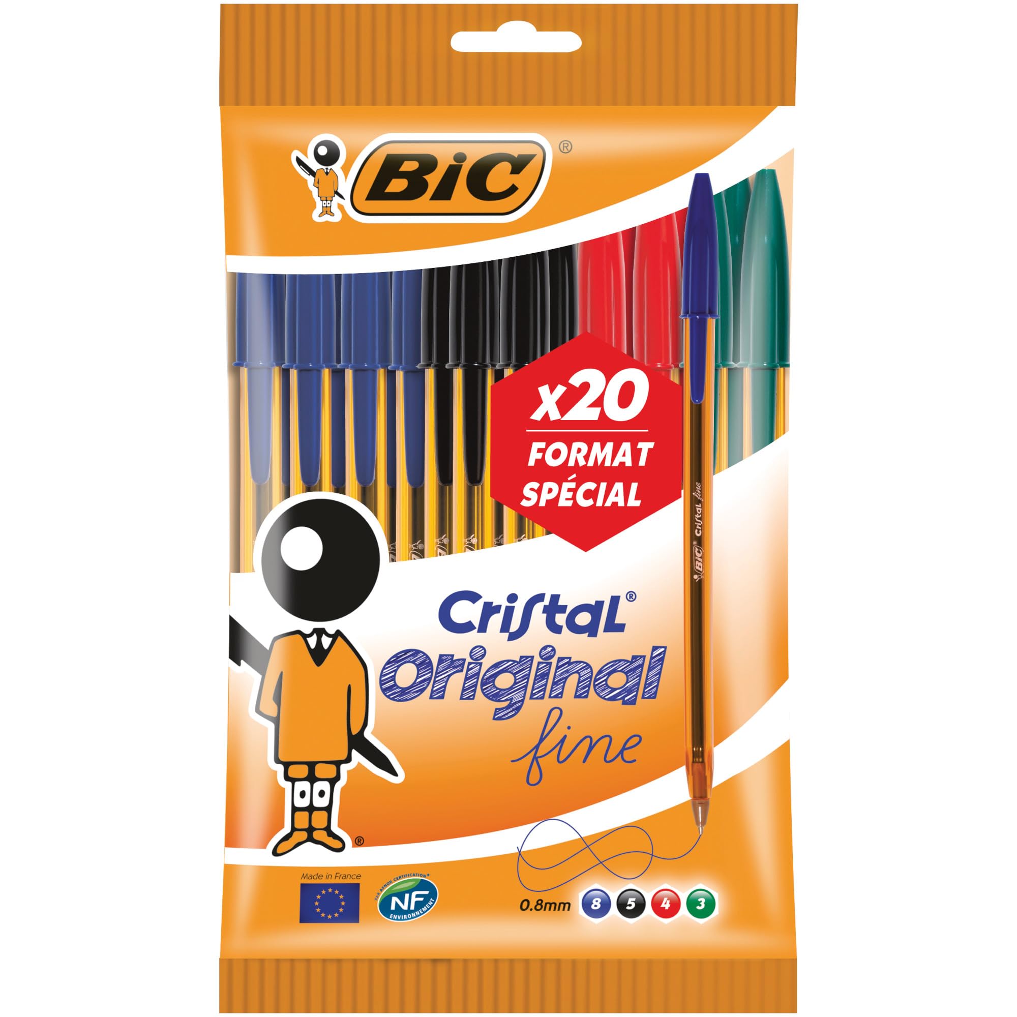 Bic Cristal Fino 912 273 - No Retráctil Bolígrafo Negro / Azul / Rojo / Verde, 20 unidades